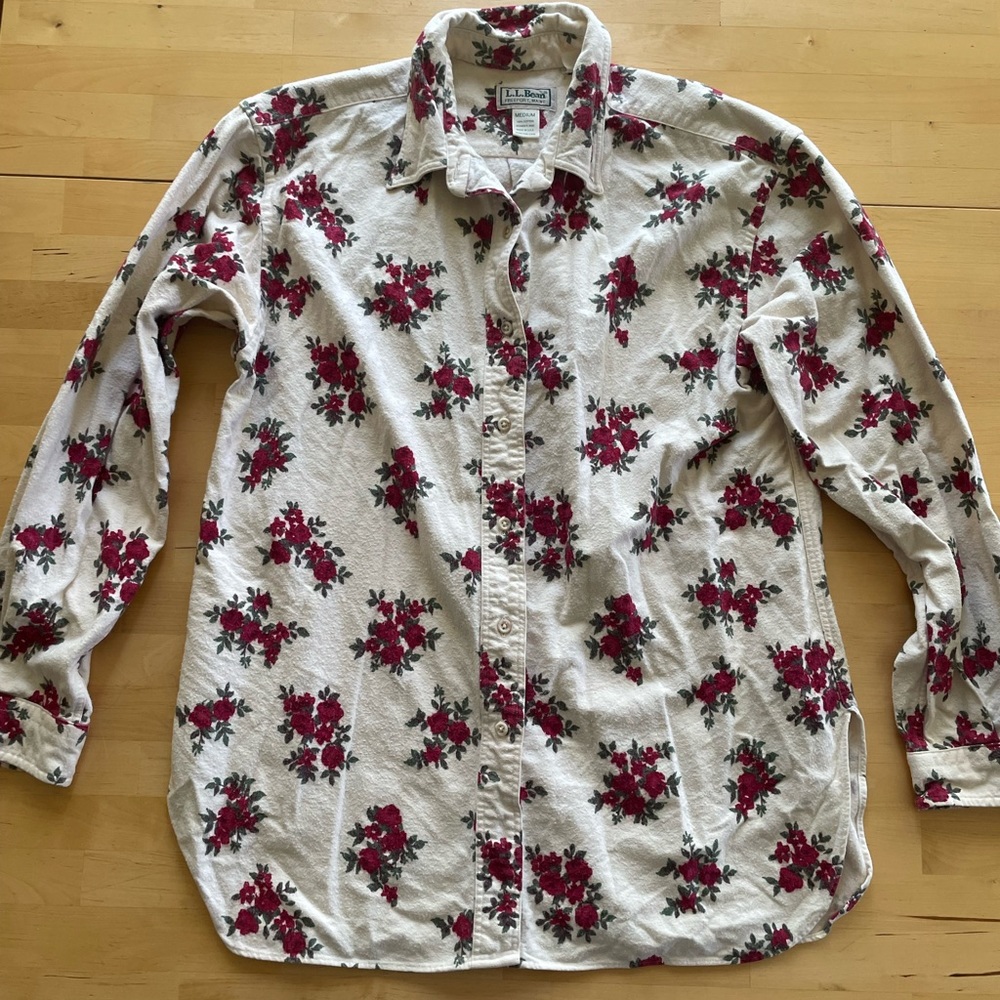 Vintage White L.L. Bean Flannel Shirt with Roses | Women's Size Medium